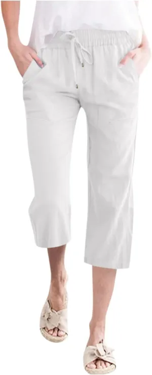 Womens Casual Capri Pants Summer Linen Elastic Waist Straight Loose Crop Trouser Lounge Athletic Yoga Pants Plus Size