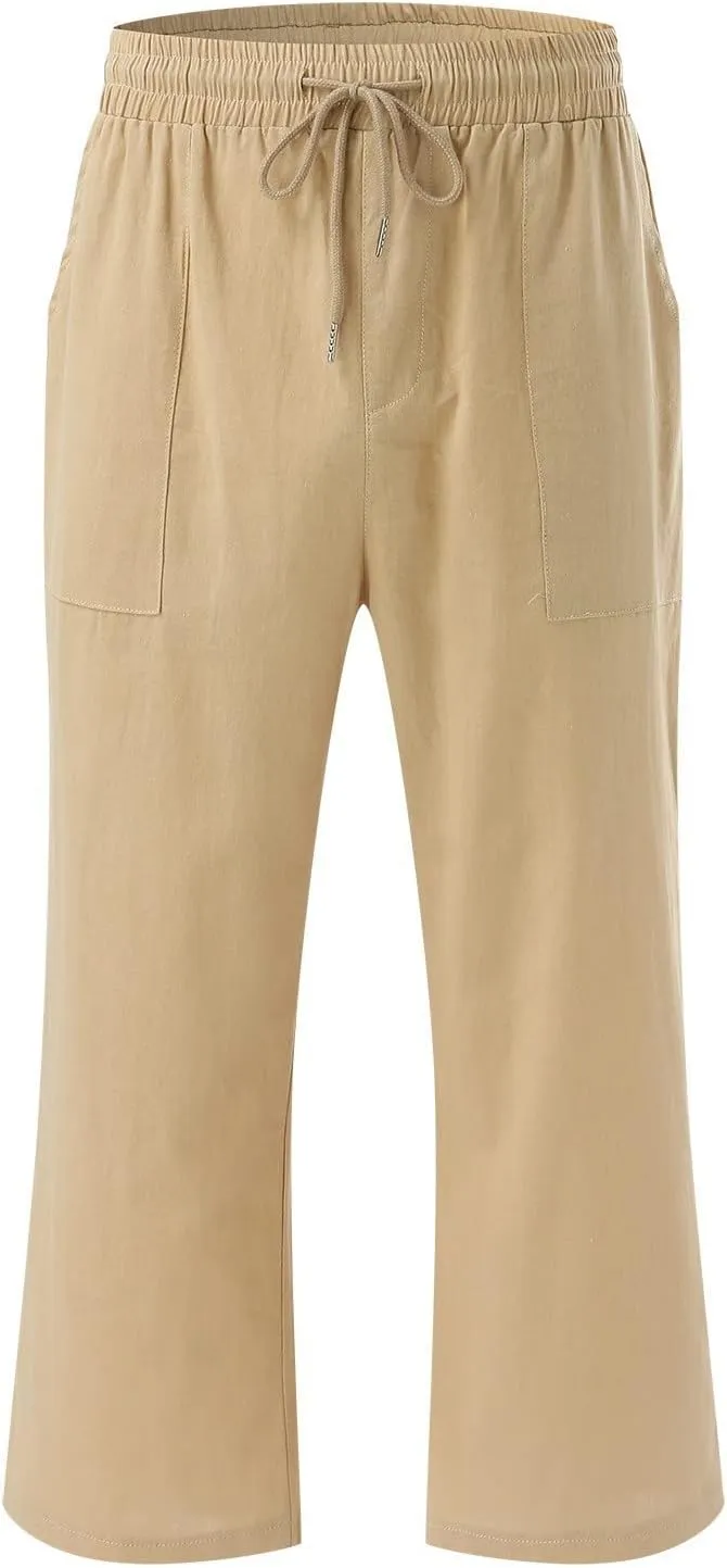 Womens Casual Capri Pants Summer Linen Elastic Waist Straight Loose Crop Trouser Lounge Athletic Yoga Pants Plus Size