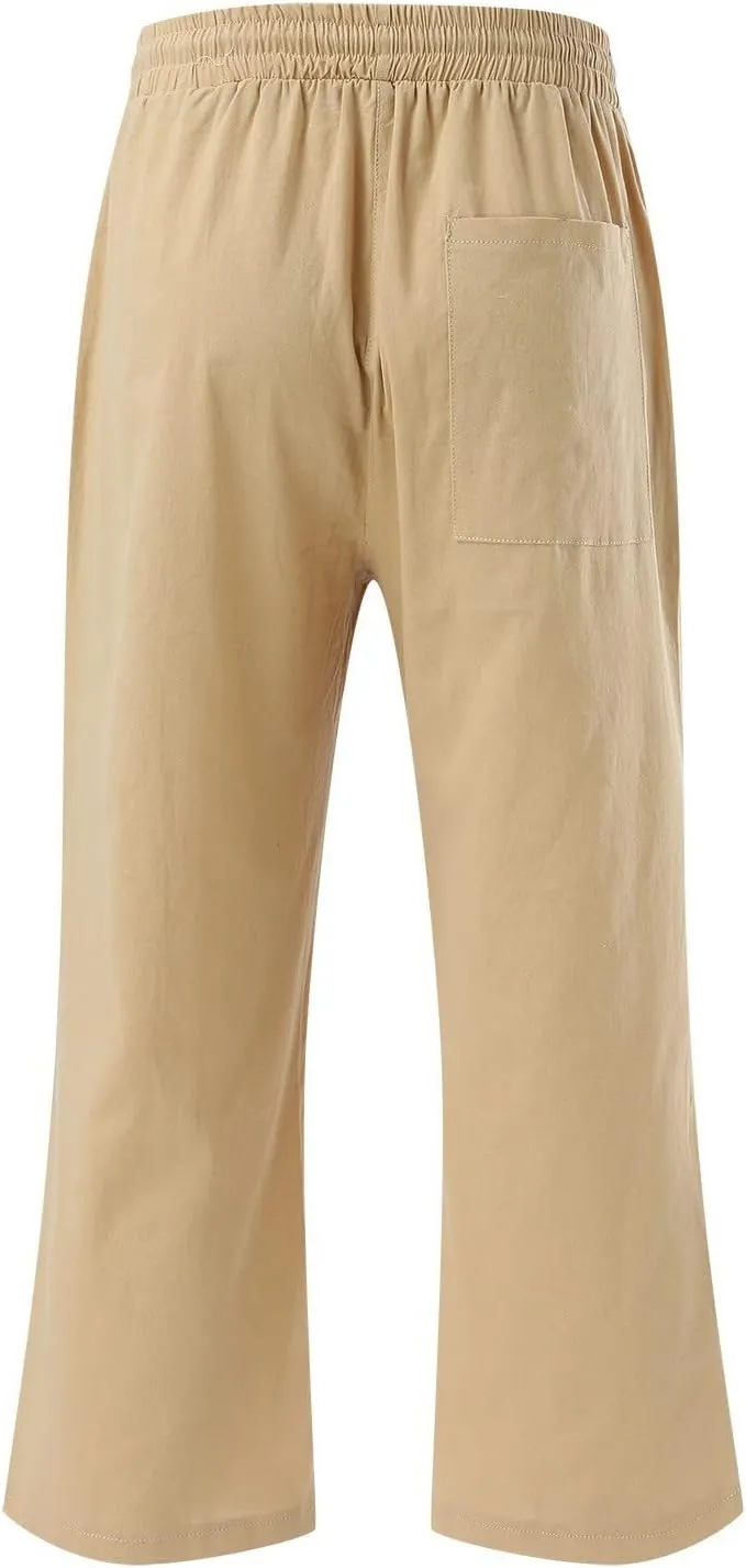 Womens Casual Capri Pants Summer Linen Elastic Waist Straight Loose Crop Trouser Lounge Athletic Yoga Pants Plus Size