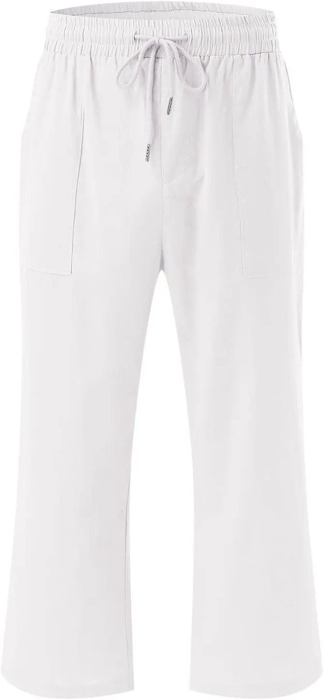 Womens Casual Capri Pants Summer Linen Elastic Waist Straight Loose Crop Trouser Lounge Athletic Yoga Pants Plus Size