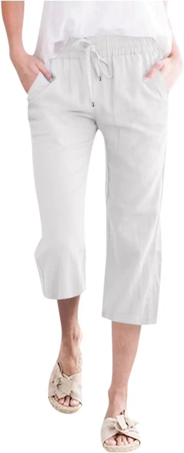 Womens Casual Capri Pants Summer Linen Elastic Waist Straight Loose Crop Trouser Lounge Athletic Yoga Pants Plus Size