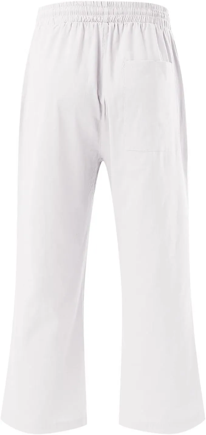 Womens Casual Capri Pants Summer Linen Elastic Waist Straight Loose Crop Trouser Lounge Athletic Yoga Pants Plus Size
