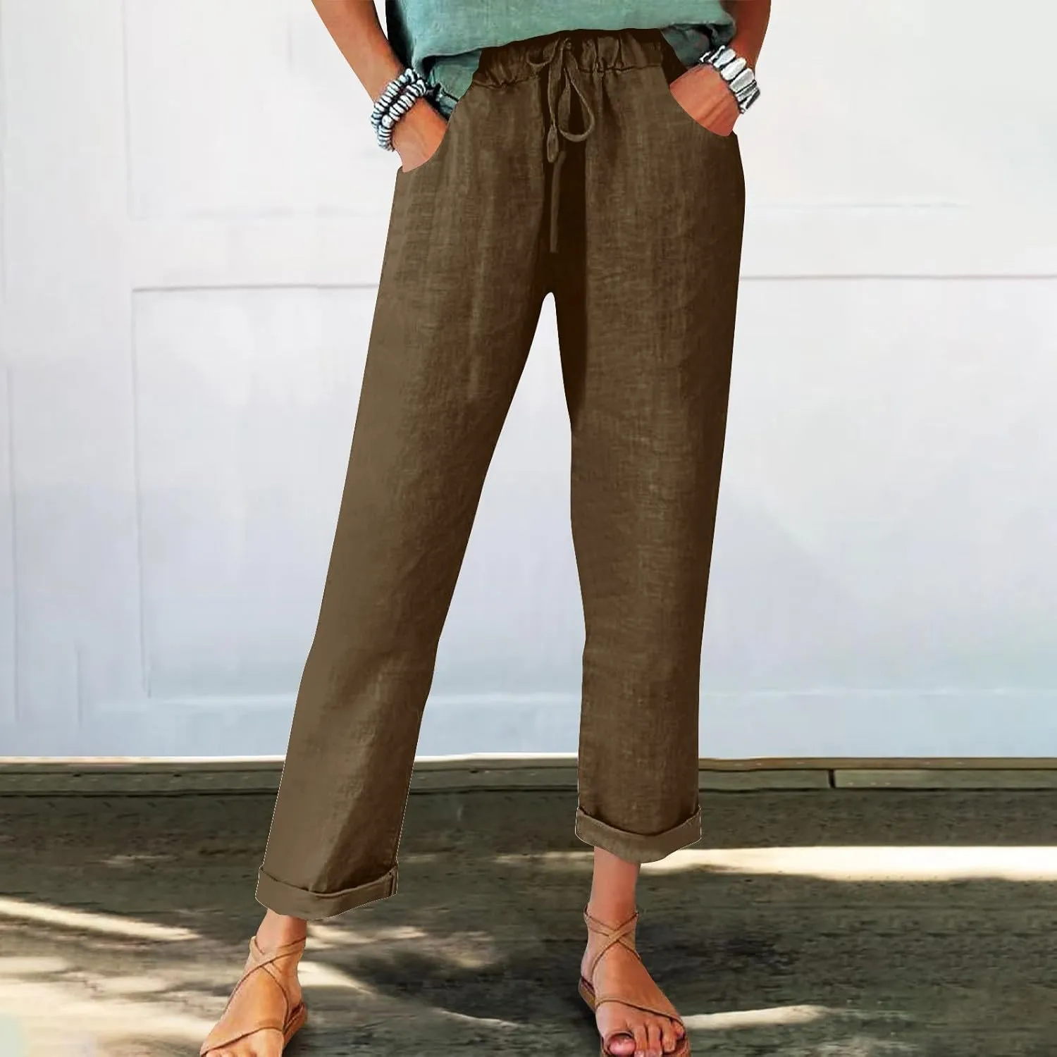 Womens Casual Linen High Waist Pants Drawstring Loose Fit Summer Beach Travel Cropped Trousers with Side Pockets