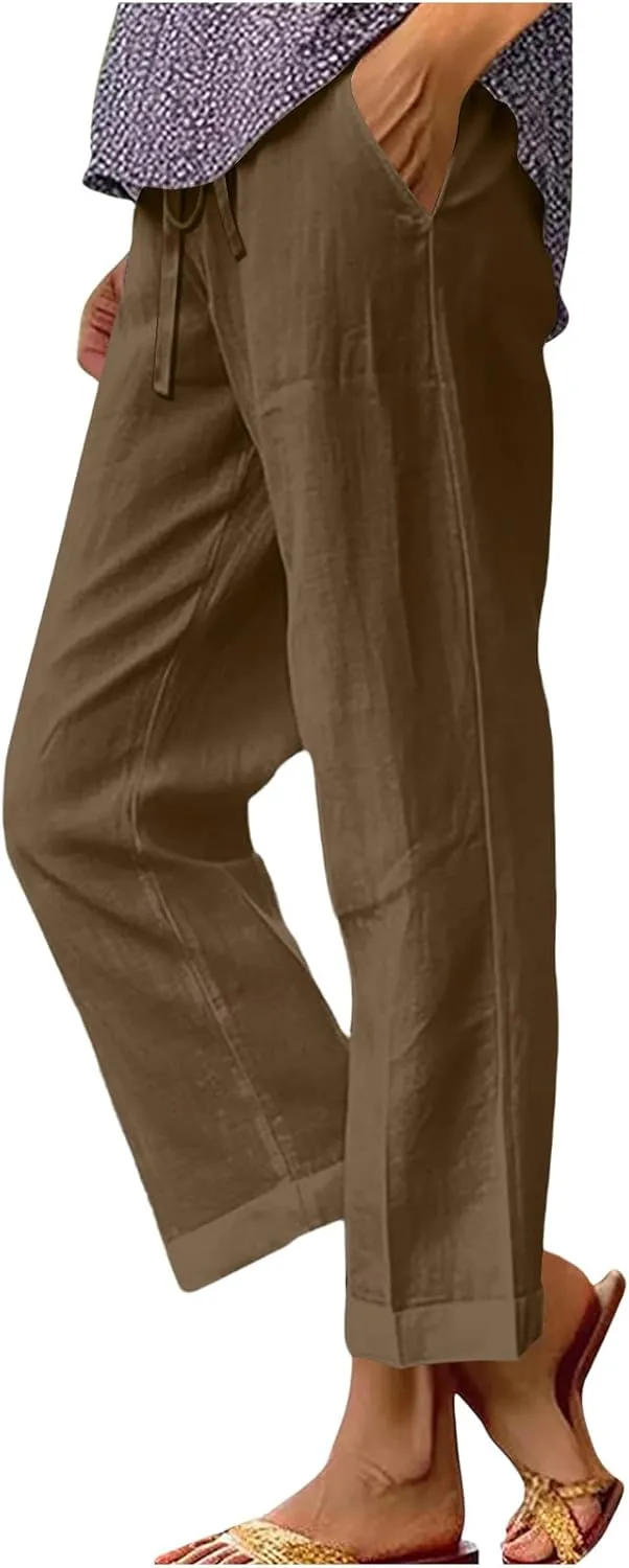Womens Casual Linen High Waist Pants Drawstring Loose Fit Summer Beach Travel Cropped Trousers with Side Pockets