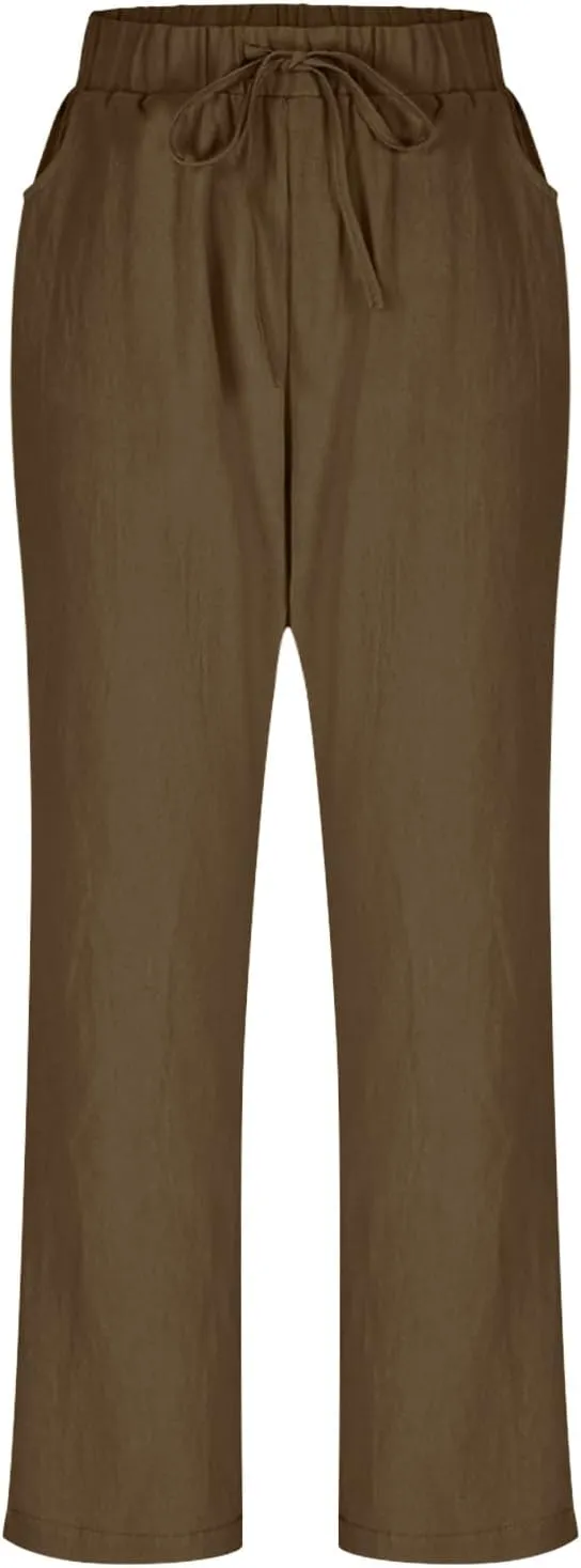 Womens Casual Linen High Waist Pants Drawstring Loose Fit Summer Beach Travel Cropped Trousers with Side Pockets
