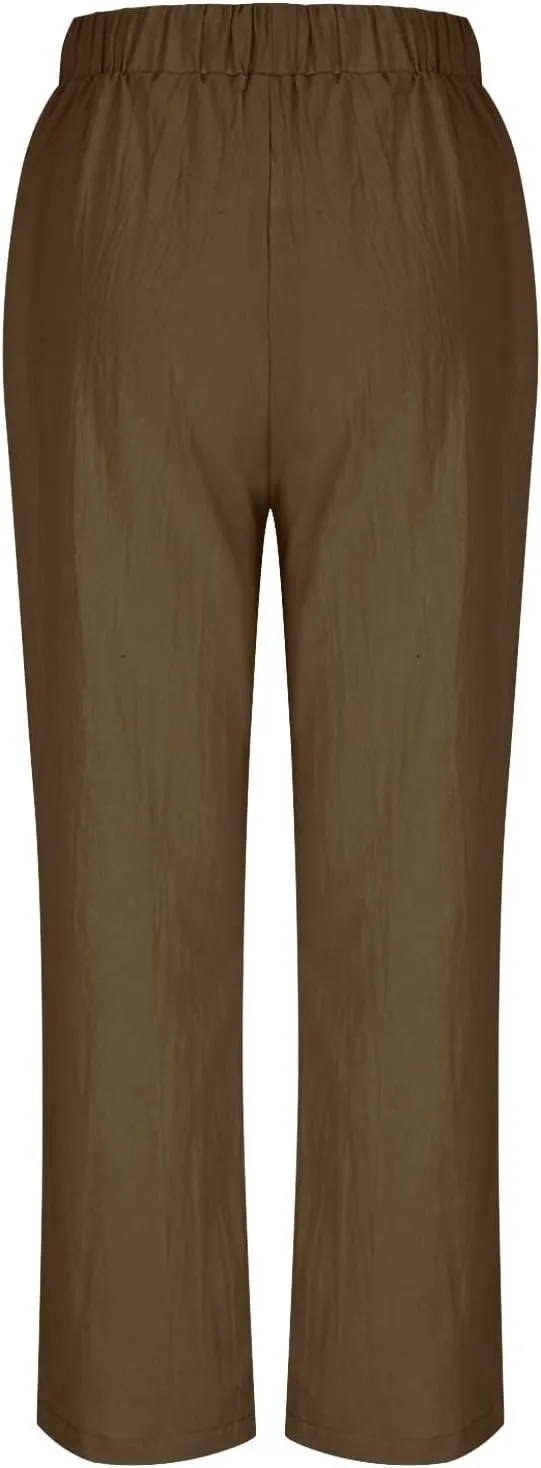 Womens Casual Linen High Waist Pants Drawstring Loose Fit Summer Beach Travel Cropped Trousers with Side Pockets