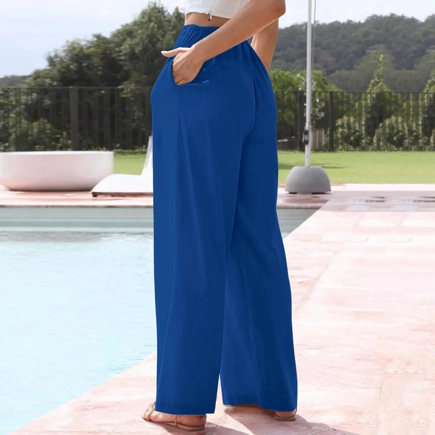Women's Cotton Linen Pants Baggy Cool Lightweight Summer Hiking Lounge Pants Solid Color Drawstring Wide Leg Trousers