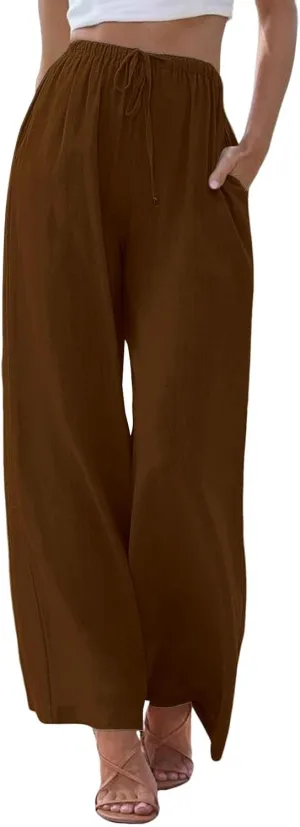 Women's Cotton Linen Pants Baggy Cool Lightweight Summer Hiking Lounge Pants Solid Color Drawstring Wide Leg Trousers