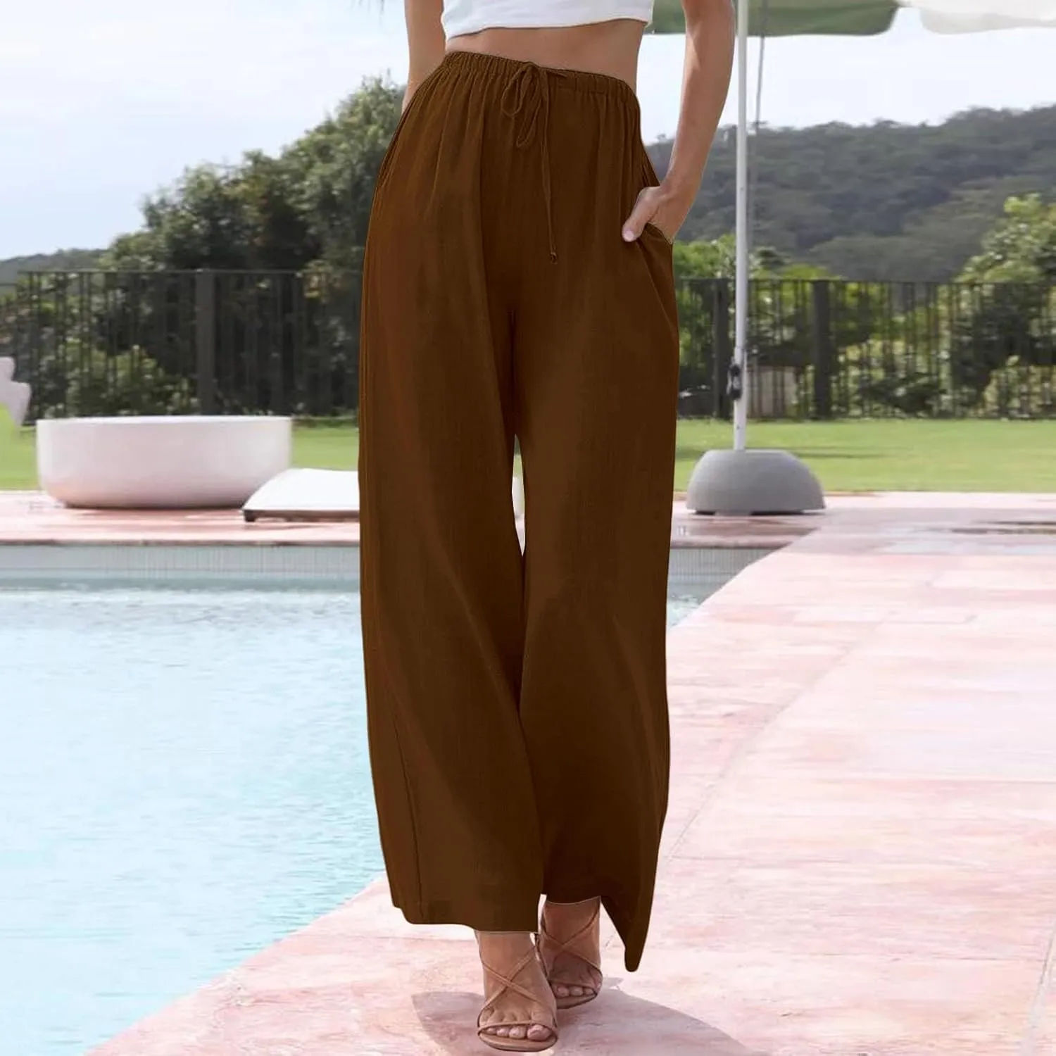 Women's Cotton Linen Pants Baggy Cool Lightweight Summer Hiking Lounge Pants Solid Color Drawstring Wide Leg Trousers