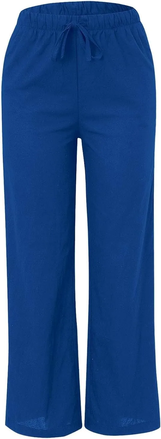 Women's Cotton Linen Pants Baggy Cool Lightweight Summer Hiking Lounge Pants Solid Color Drawstring Wide Leg Trousers