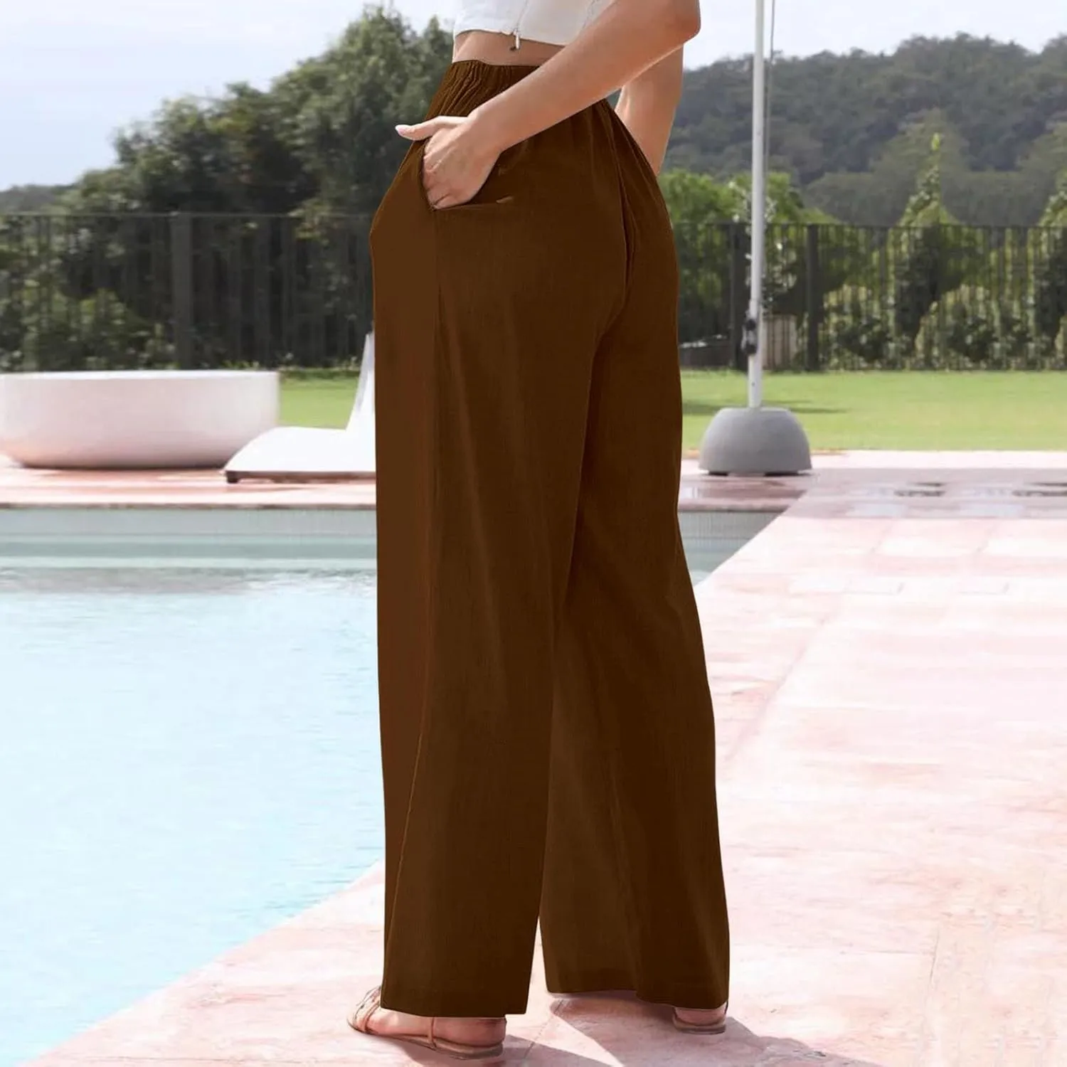 Women's Cotton Linen Pants Baggy Cool Lightweight Summer Hiking Lounge Pants Solid Color Drawstring Wide Leg Trousers