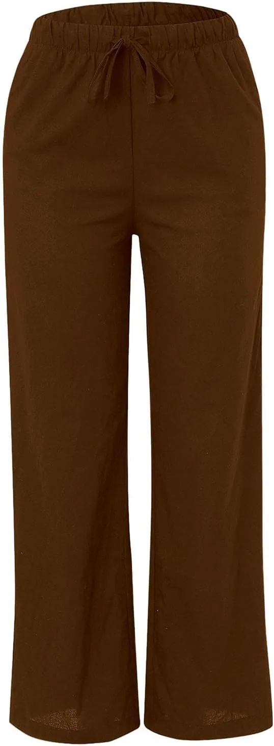 Women's Cotton Linen Pants Baggy Cool Lightweight Summer Hiking Lounge Pants Solid Color Drawstring Wide Leg Trousers