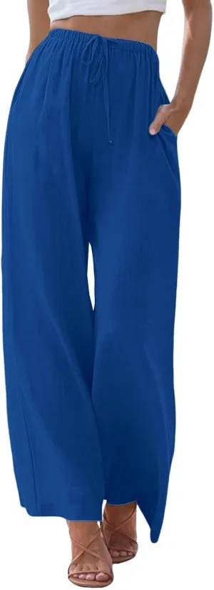 Women's Cotton Linen Pants Baggy Cool Lightweight Summer Hiking Lounge Pants Solid Color Drawstring Wide Leg Trousers