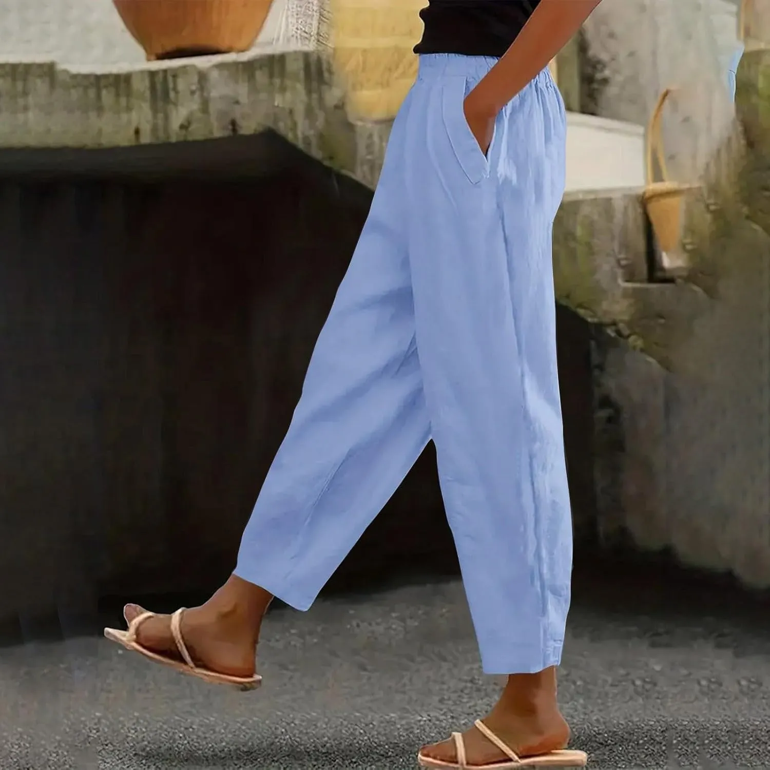Womens Cotton Linen Summer Y2K Fashion Palazzo Pants Elastic Waist Bootcut Slim Fit Palazzo Lounge Pants Travel