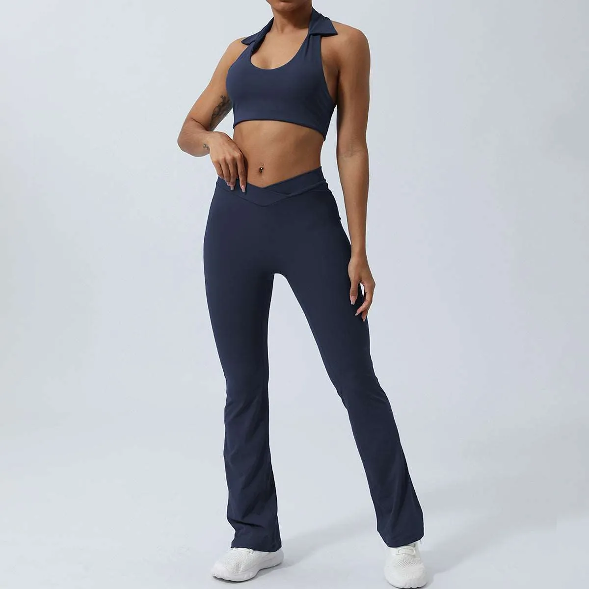Women's Lapel Collar Sleeveless Top and Hip Lifting Pants or Shorts Sports Set
