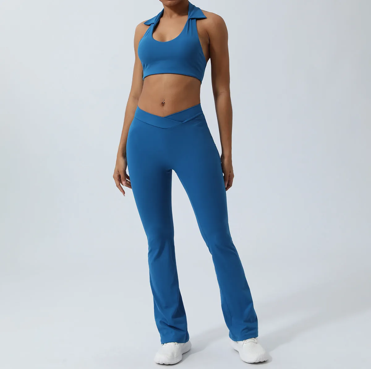 Women's Lapel Collar Sleeveless Top and Hip Lifting Pants or Shorts Sports Set