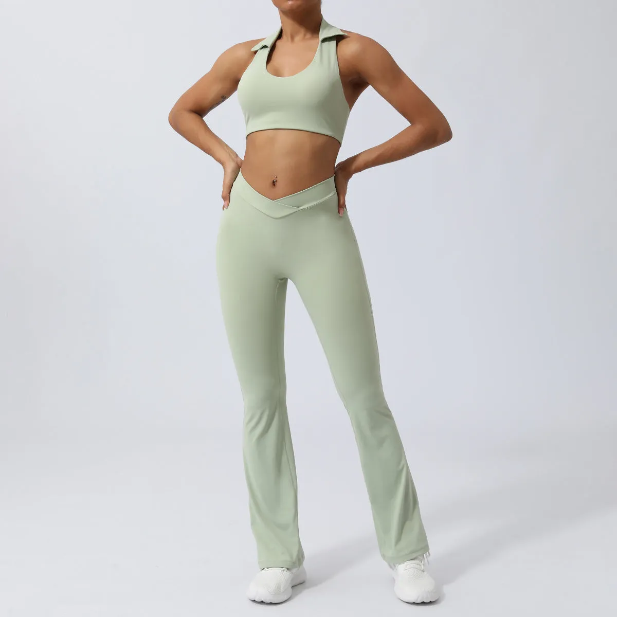 Women's Lapel Collar Sleeveless Top and Hip Lifting Pants or Shorts Sports Set