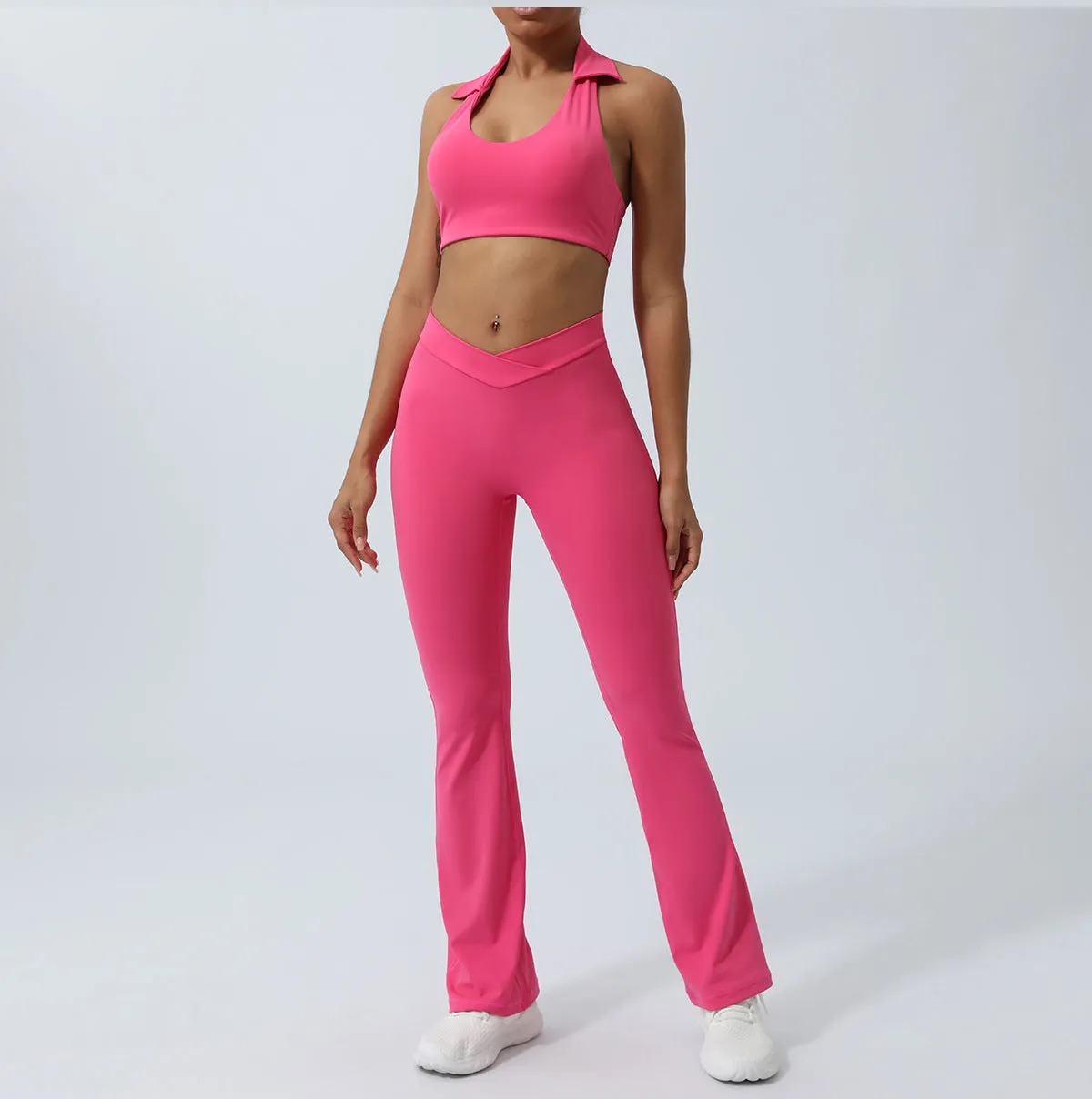 Women's Lapel Collar Sleeveless Top and Hip Lifting Pants or Shorts Sports Set