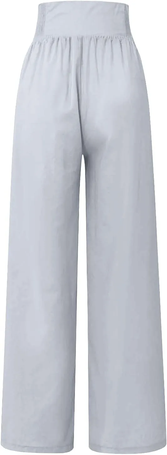 Womens Linen Blend Summer Casual Loose Palazzo Lounge Pants Low Waist Bootcut Plus Size Trousers Beach