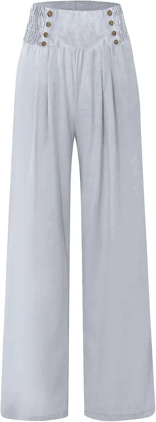 Womens Linen Blend Summer Casual Loose Palazzo Lounge Pants Low Waist Bootcut Plus Size Trousers Beach