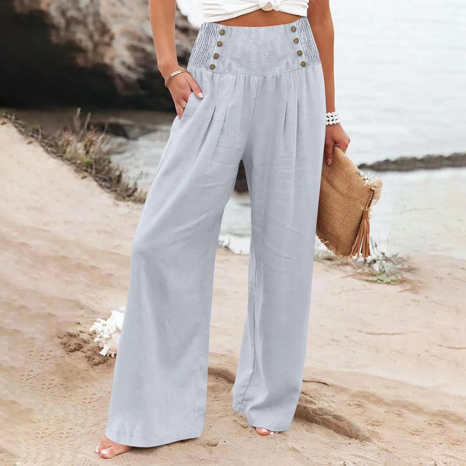 Womens Linen Blend Summer Casual Loose Palazzo Lounge Pants Low Waist Bootcut Plus Size Trousers Beach
