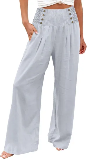 Womens Linen Blend Summer Casual Loose Palazzo Lounge Pants Low Waist Bootcut Plus Size Trousers Beach