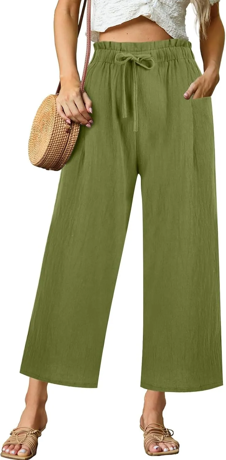 Womens Linen Pants 2025 Drawstring Elastic Waist Wide Leg Cropped Lounge Trousers Summer Beach Pant Outfits