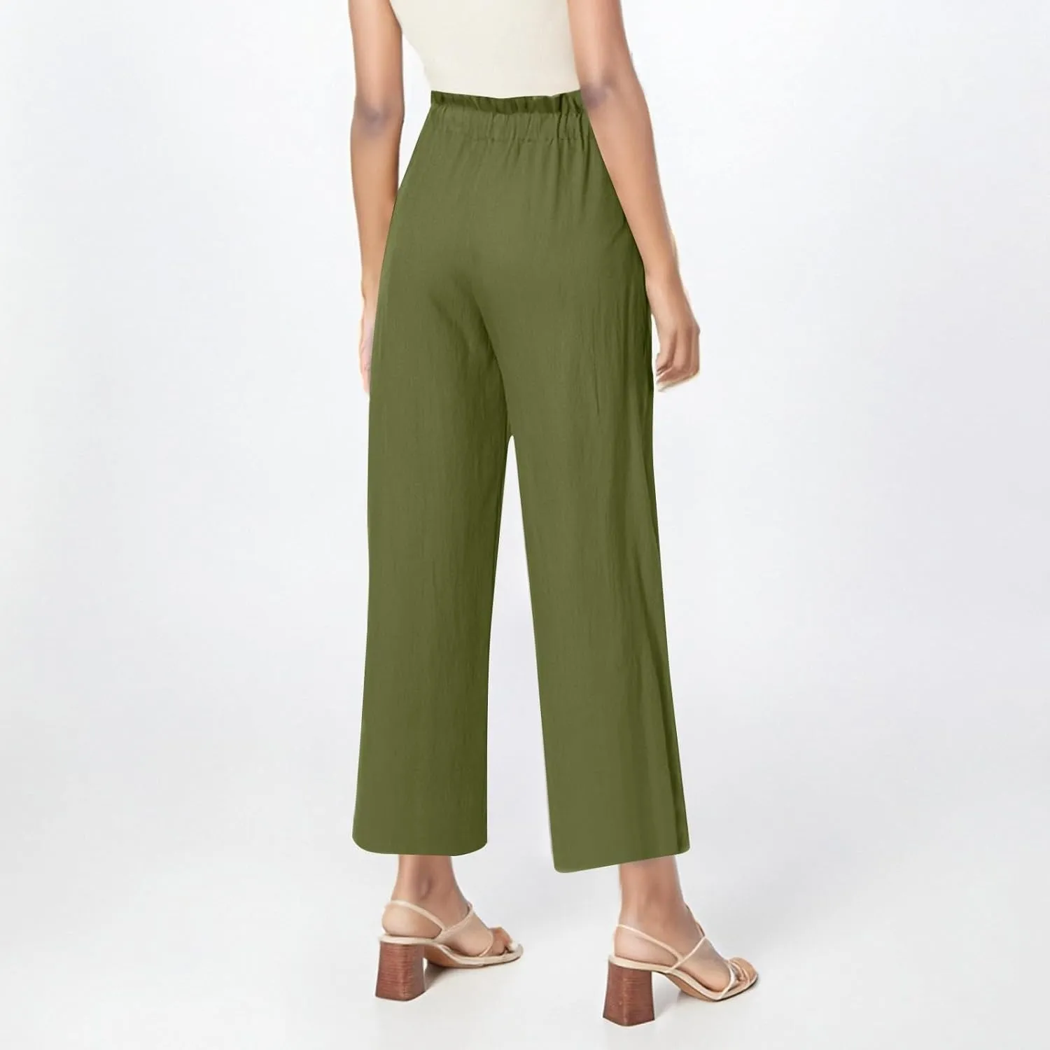 Womens Linen Pants 2025 Drawstring Elastic Waist Wide Leg Cropped Lounge Trousers Summer Beach Pant Outfits