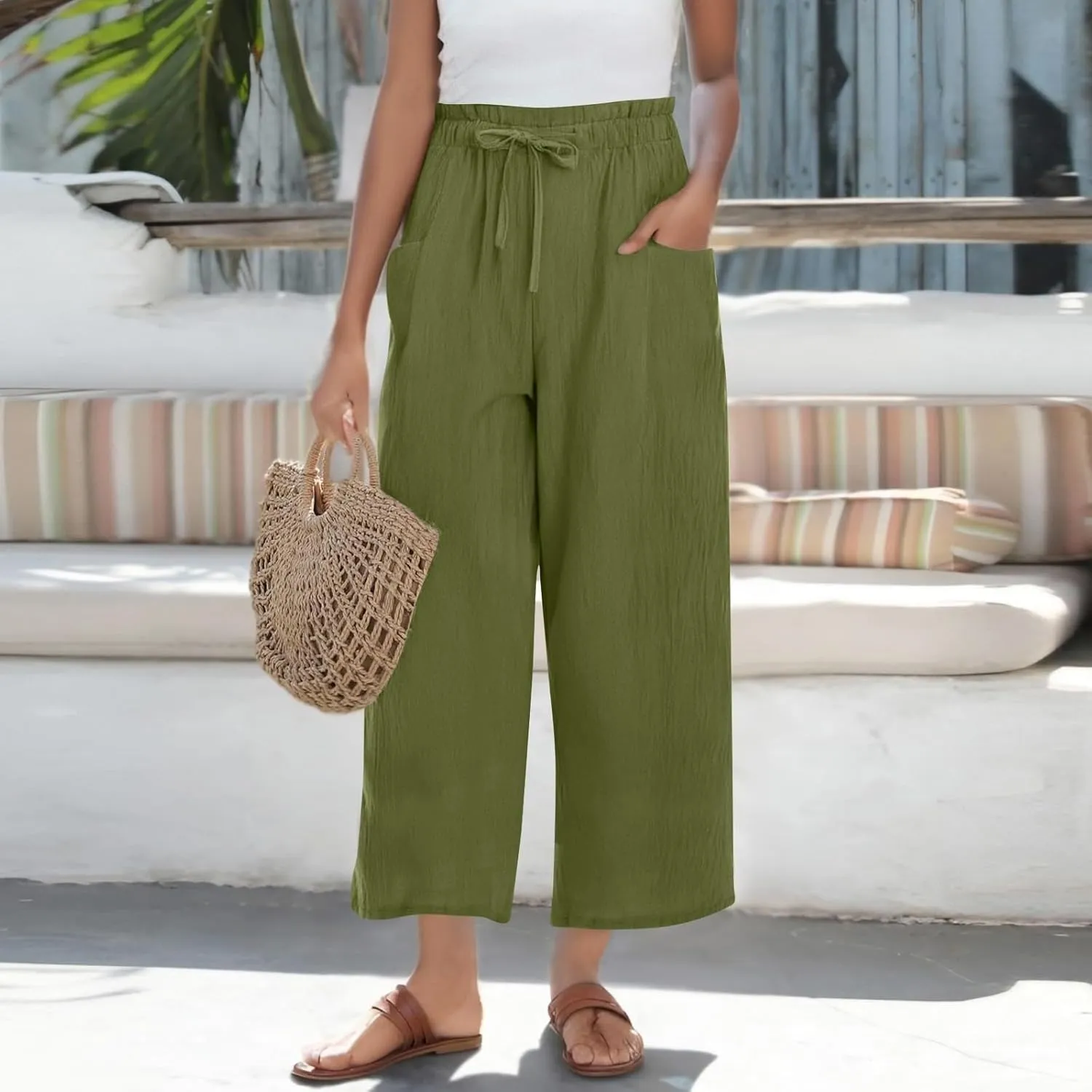 Womens Linen Pants 2025 Drawstring Elastic Waist Wide Leg Cropped Lounge Trousers Summer Beach Pant Outfits