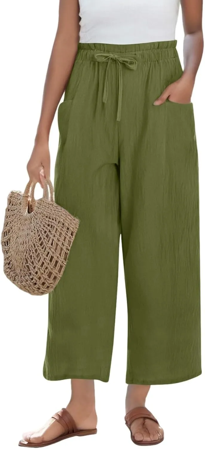 Womens Linen Pants 2025 Drawstring Elastic Waist Wide Leg Cropped Lounge Trousers Summer Beach Pant Outfits