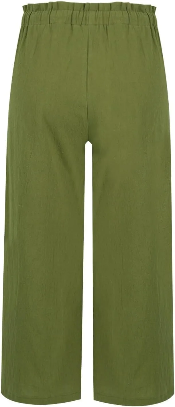 Womens Linen Pants 2025 Drawstring Elastic Waist Wide Leg Cropped Lounge Trousers Summer Beach Pant Outfits