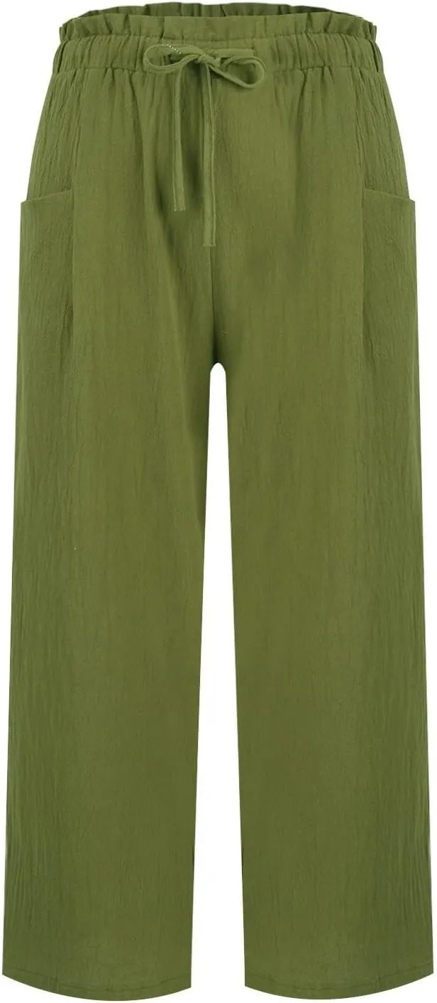 Womens Linen Pants 2025 Drawstring Elastic Waist Wide Leg Cropped Lounge Trousers Summer Beach Pant Outfits