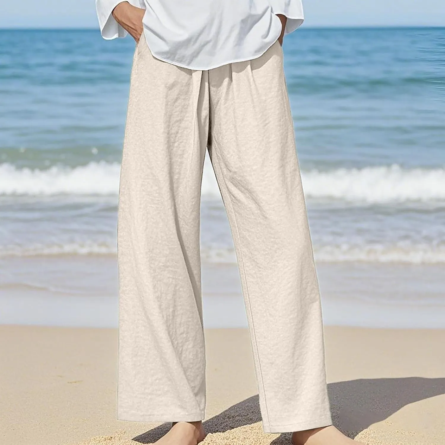 Womens Linen Pants Waist Drawstring Straight Leg Trousers 2025 Summer Loose Fit Comfy Cool Hiking Pants with Pockets