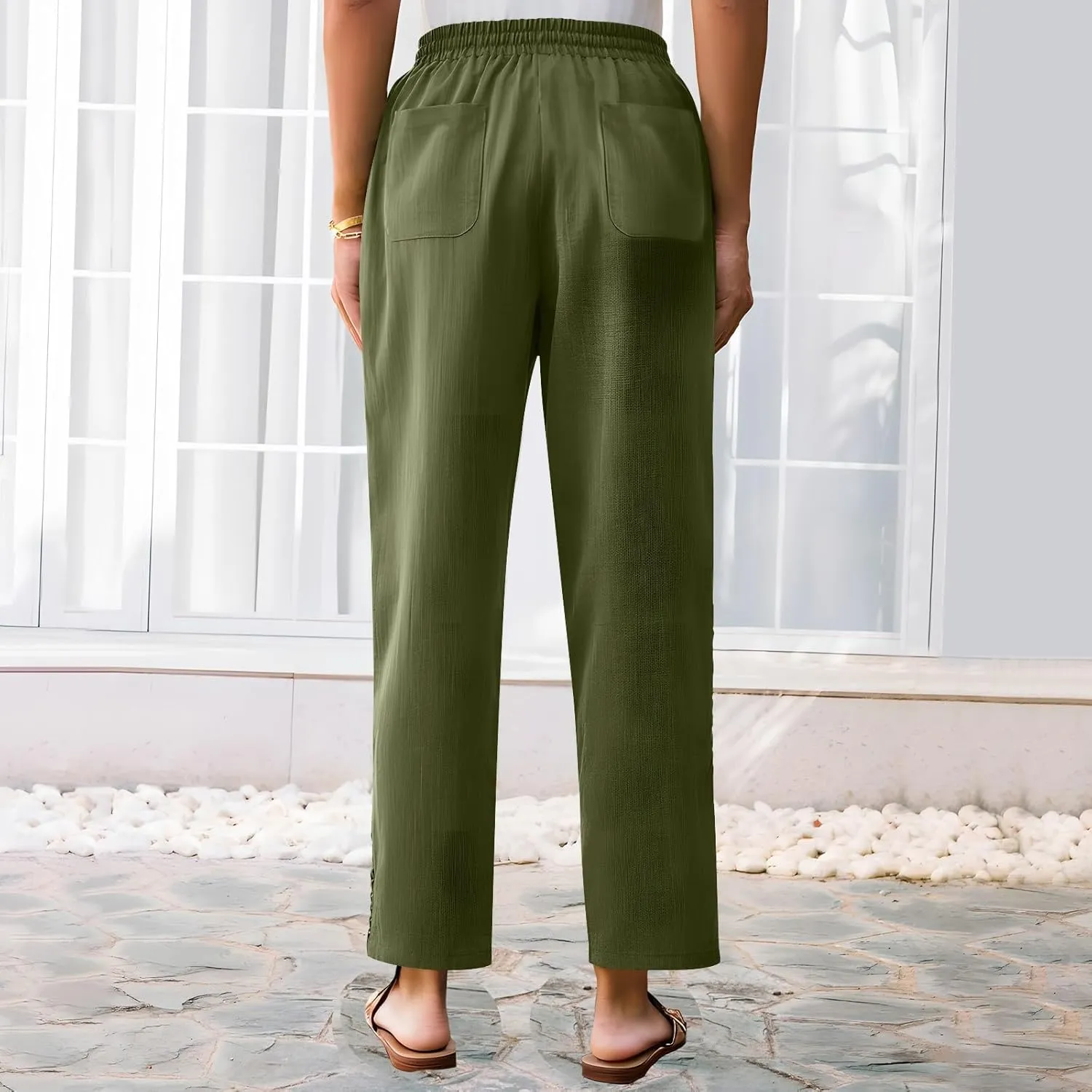 Womens Linen Pants,Drawstring Wide Leg Pants Woman Elastic Waist Summer Business Casual Beach Work Palazzo Trousers
