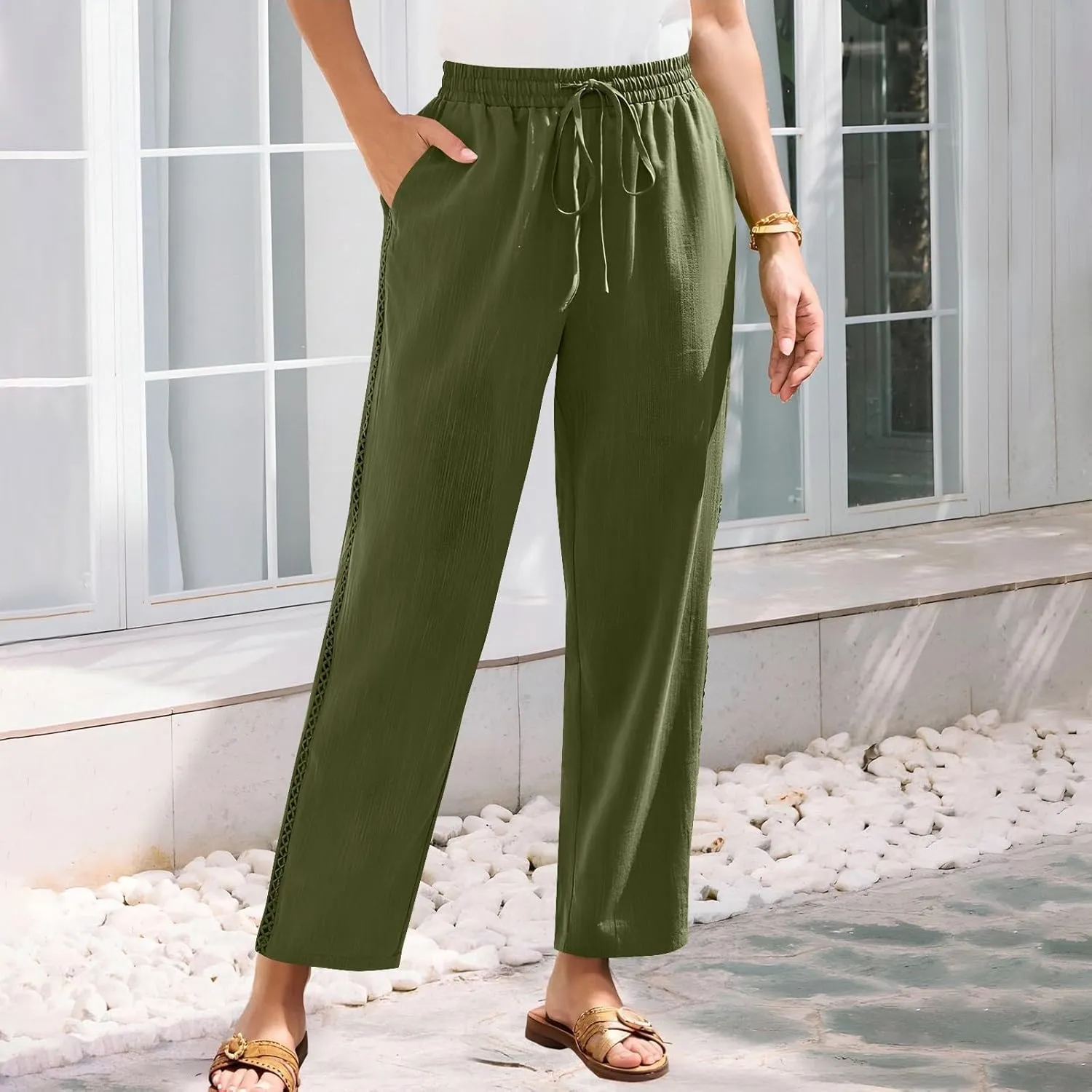 Womens Linen Pants,Drawstring Wide Leg Pants Woman Elastic Waist Summer Business Casual Beach Work Palazzo Trousers