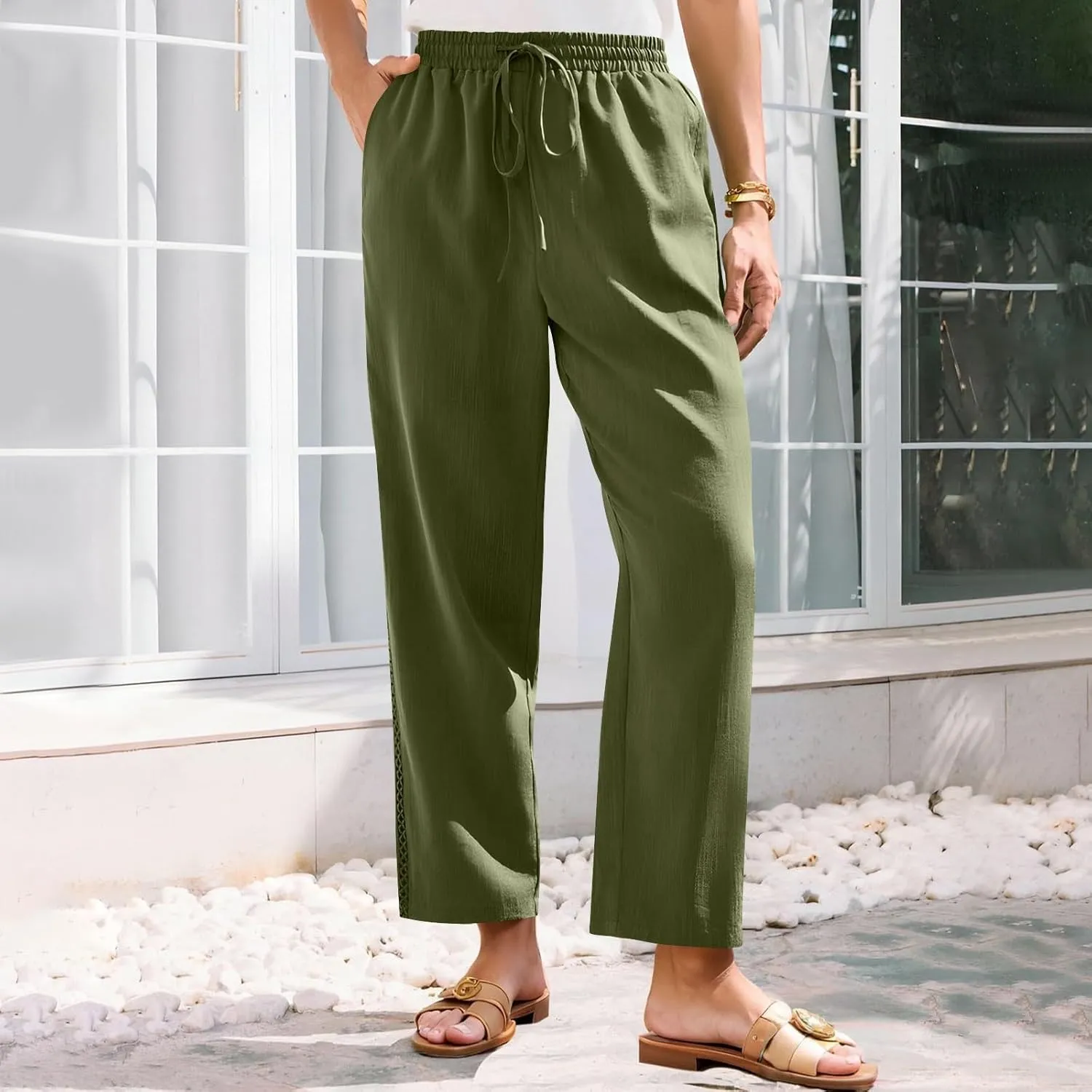 Womens Linen Pants,Drawstring Wide Leg Pants Woman Elastic Waist Summer Business Casual Beach Work Palazzo Trousers