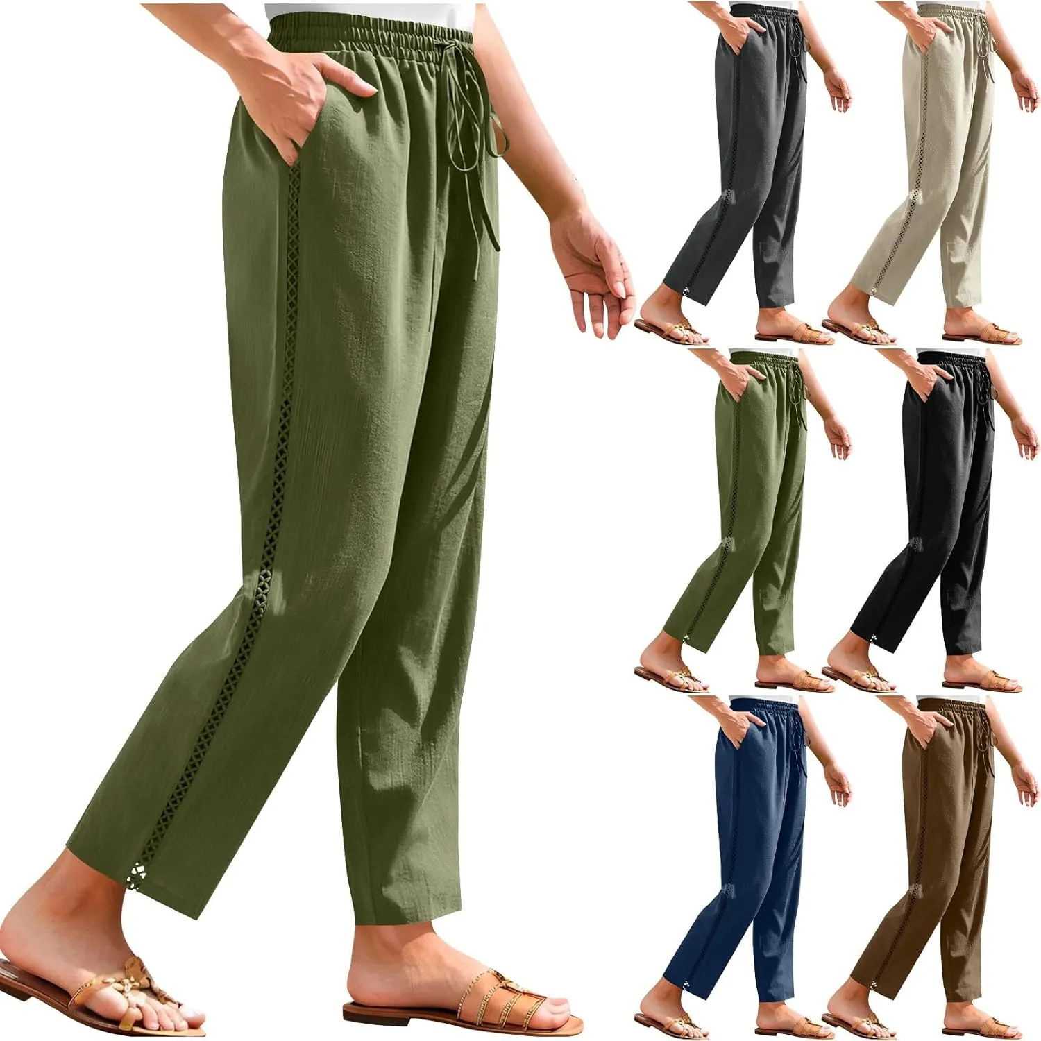 Womens Linen Pants,Drawstring Wide Leg Pants Woman Elastic Waist Summer Business Casual Beach Work Palazzo Trousers