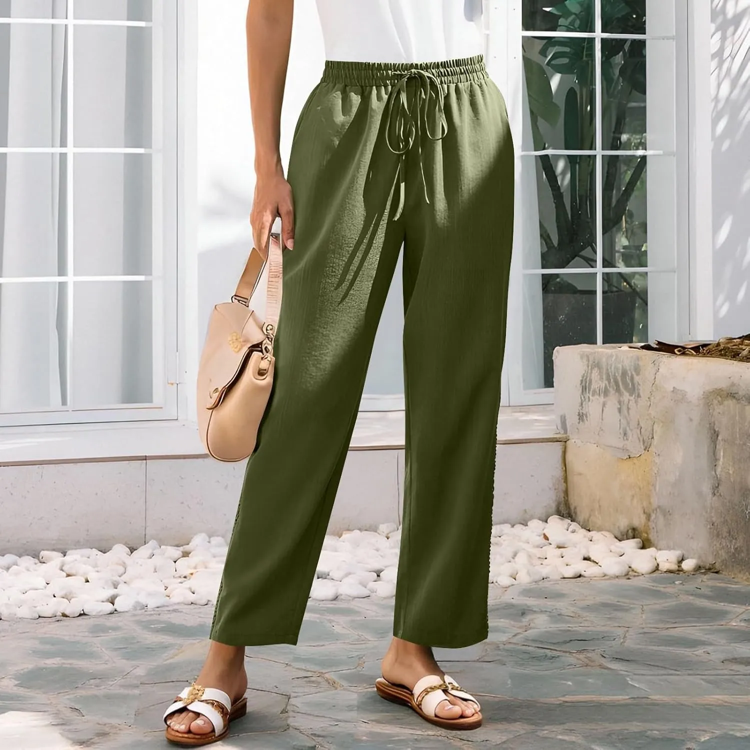 Womens Linen Pants,Drawstring Wide Leg Pants Woman Elastic Waist Summer Business Casual Beach Work Palazzo Trousers