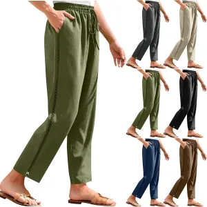 Womens Linen Pants,Drawstring Wide Leg Pants Woman Elastic Waist Summer Business Casual Beach Work Palazzo Trousers