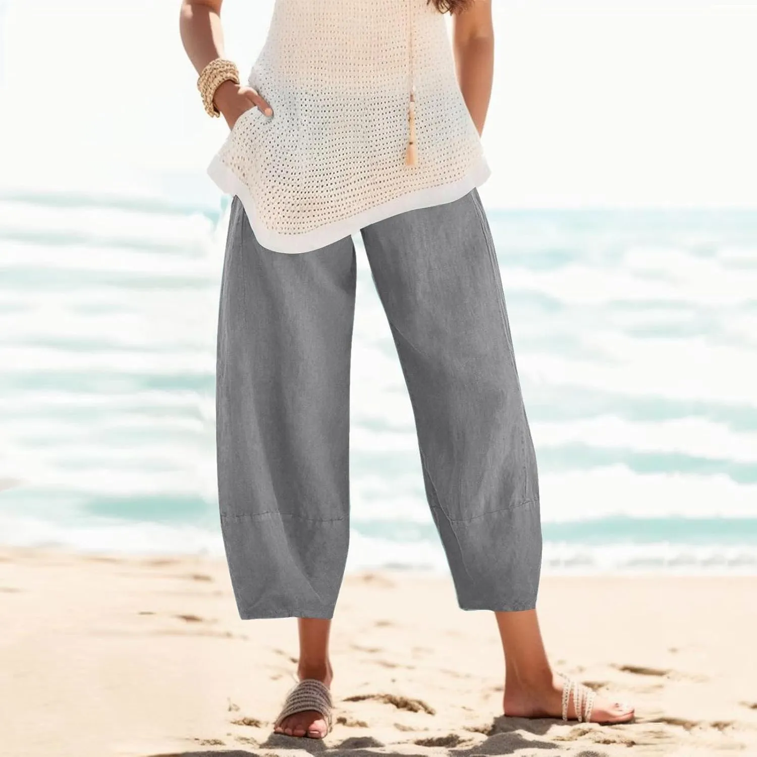 Womens Linen Summer Y2K Fashion Palazzo Pants Low Waist Wide Leg Plus Size Pants Trendy