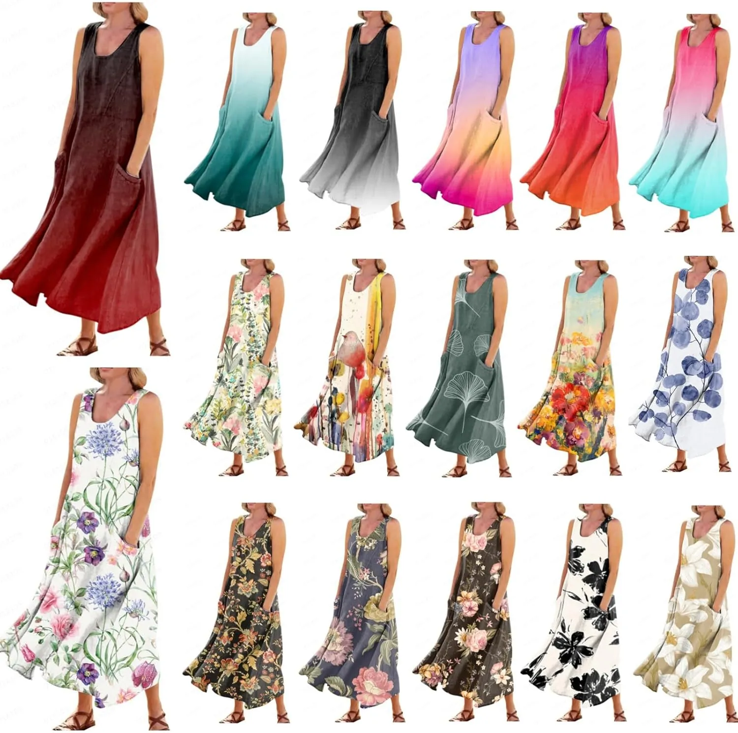 Womens Maxi Dresses Summer Casual Print Boho Cotton Linen Sundress with Pockets Loose Flowy Swing Vacation Long Dress