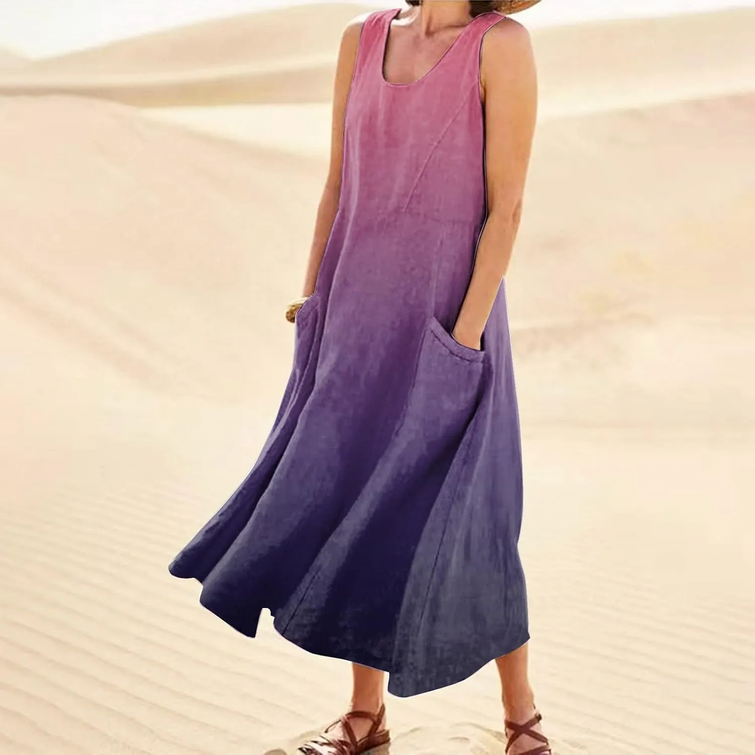 Womens Maxi Dresses Summer Casual Print Boho Cotton Linen Sundress with Pockets Loose Flowy Swing Vacation Long Dress