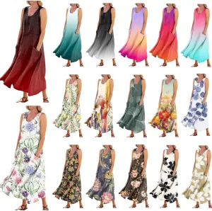 Womens Maxi Dresses Summer Casual Print Boho Cotton Linen Sundress with Pockets Loose Flowy Swing Vacation Long Dress