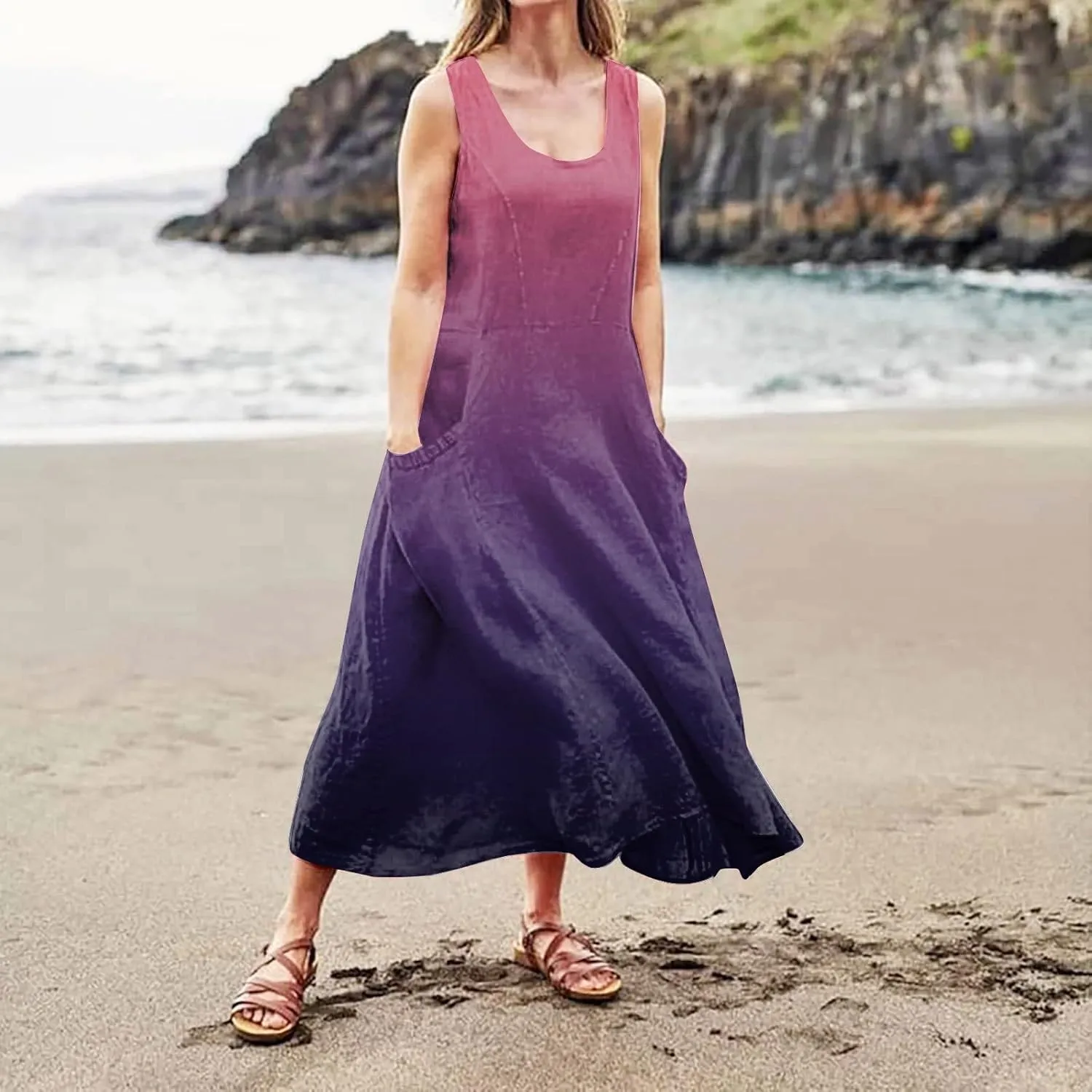 Womens Maxi Dresses Summer Casual Print Boho Cotton Linen Sundress with Pockets Loose Flowy Swing Vacation Long Dress