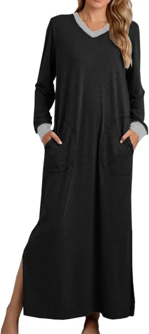 Womens Nightgowns Long Sleeve Maxi House Dress Casual Crewneck Nightshirt Dresses Full Length Sleepwear with Pockets