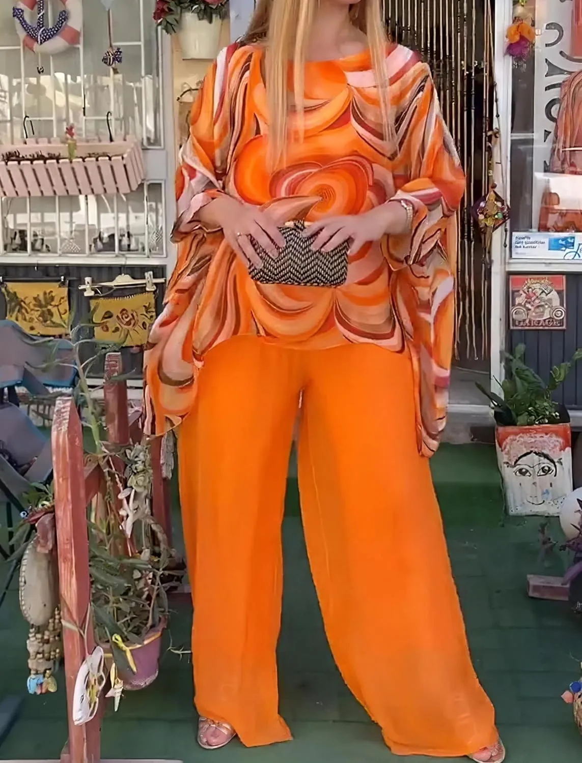 Womens Plus Size 2 Piece Sets Oil Painting Chiffon Long Sleeve Shirts Asymmetrical Hem Tops and Wide Leg Pants