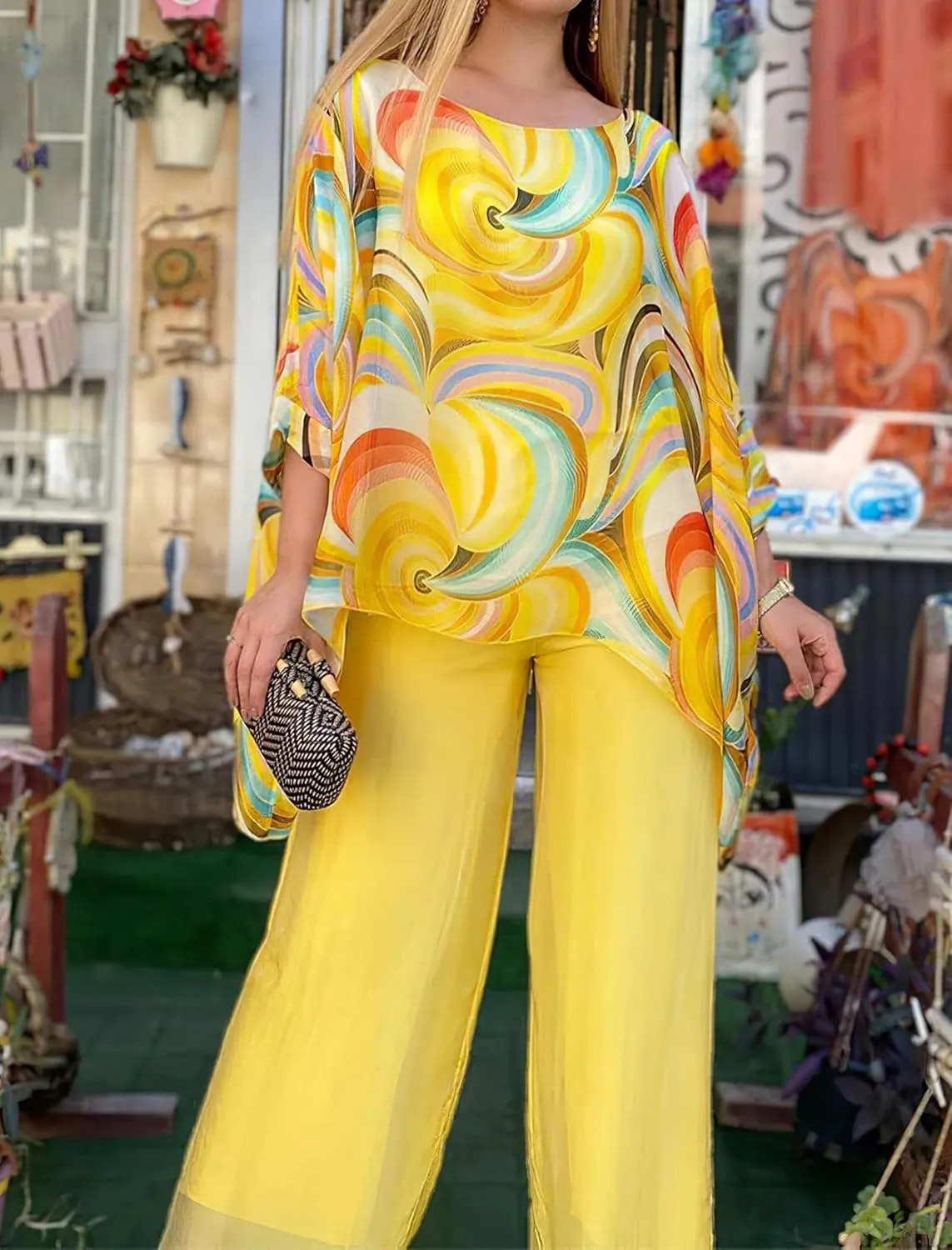 Womens Plus Size 2 Piece Sets Oil Painting Chiffon Long Sleeve Shirts Asymmetrical Hem Tops and Wide Leg Pants