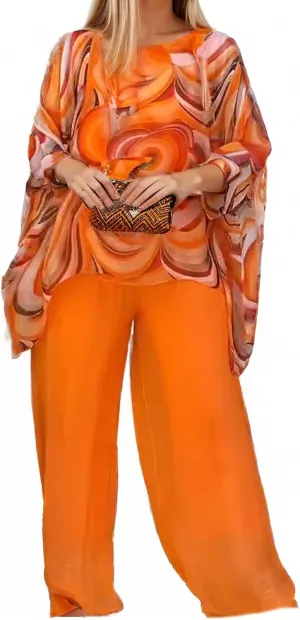 Womens Plus Size 2 Piece Sets Oil Painting Chiffon Long Sleeve Shirts Asymmetrical Hem Tops and Wide Leg Pants