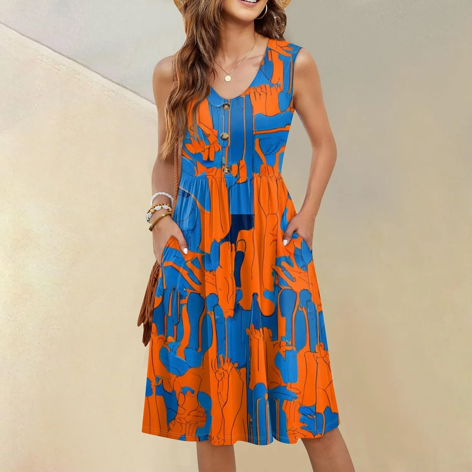Womens Summer Dresses 2025 Sleeveless Trendy Boho Tank Dress Midi Floral Beach Vacation Sundresses with Pockets