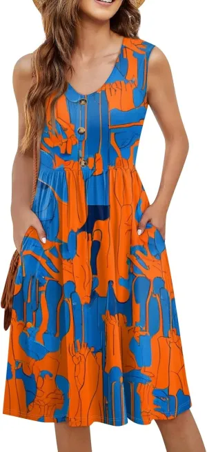 Womens Summer Dresses 2025 Sleeveless Trendy Boho Tank Dress Midi Floral Beach Vacation Sundresses with Pockets